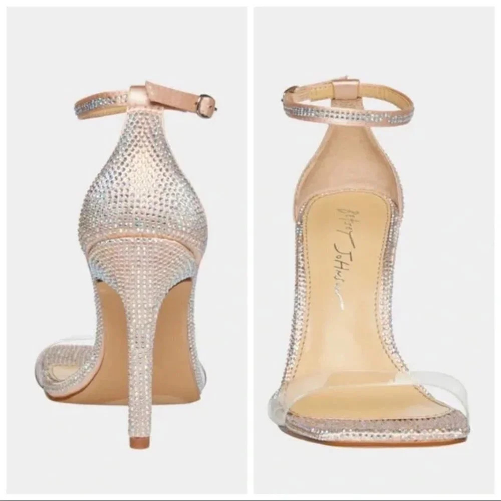 Betsey Johnson SB-Cole Champagne Rhinestone Ankle Strap Heels Sandals Sz 6.5